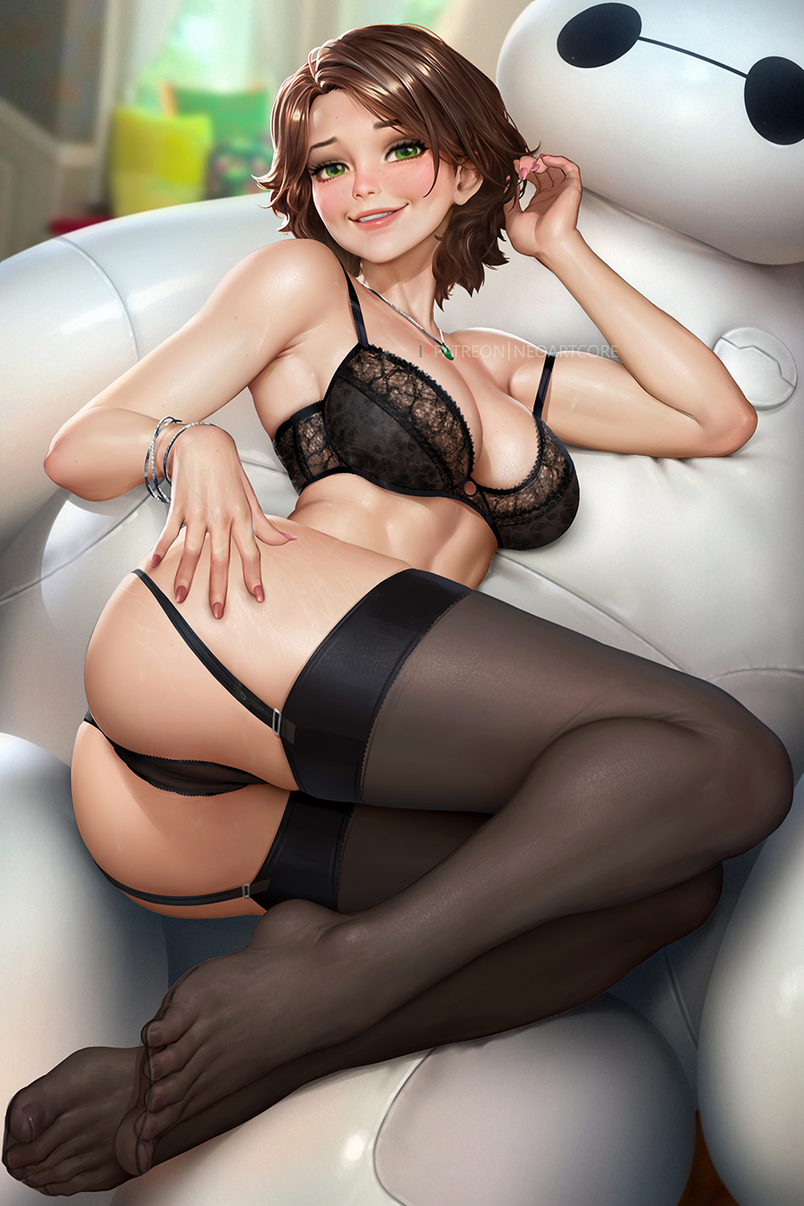 1girl ass baymax big_hero_6 black_bra black_garter_straps black_panties black_thighhighs blurry blurry_background bra bracelet breasts brown_hair cass_hamada english_commentary feet garter_straps gem green_eyes green_gemstone hand_in_own_hair hand_on_own_ass highres jewelry mature_female mixed-language_commentary nail_polish necklace neoartcore paid_reward_available panties parted_lips patreon_username pink_nails robot short_hair strap_slip thai_commentary thighhighs underwear