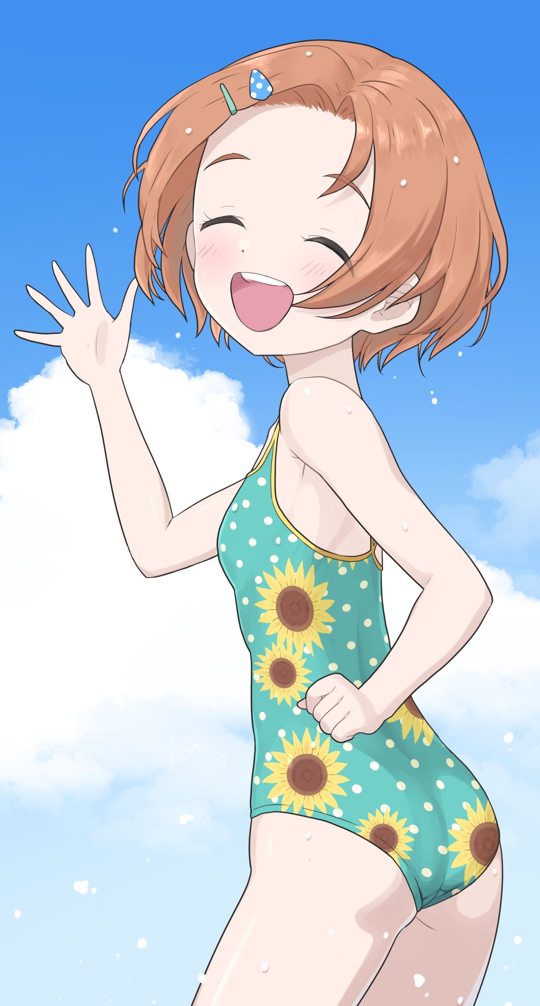 1girl ass blue_sky blush child clenched_hand closed_eyes cloud commentary cowboy_shot dot_nose facing_viewer flat_chest floral_print green_one-piece_swimsuit hair_ornament hairclip hand_up highres idolmaster idolmaster_cinderella_girls one-piece_swimsuit open_mouth orange_hair polka_dot polka_dot_swimsuit ryuzaki_kaoru short_hair sky smile solo sunflower_print swimsuit teeth thighs upper_teeth_only waving yama_tatsuo