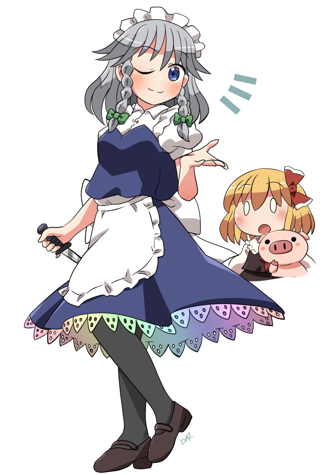 2girls animal apron black_footwear black_pantyhose black_vest blonde_hair blue_eyes blue_skirt blue_vest blush braid closed_mouth collared_shirt grey_hair hair_ribbon highres holding holding_knife izayoi_sakuya knife long_sleeves maid maid_apron maid_headdress multiple_girls one_eye_closed open_mouth pantyhose pig red_ribbon ribbon rokugou_daisuke rumia shirt shoes short_hair signature simple_background skirt smile touhou twin_braids vest waist_apron white_apron white_background white_shirt