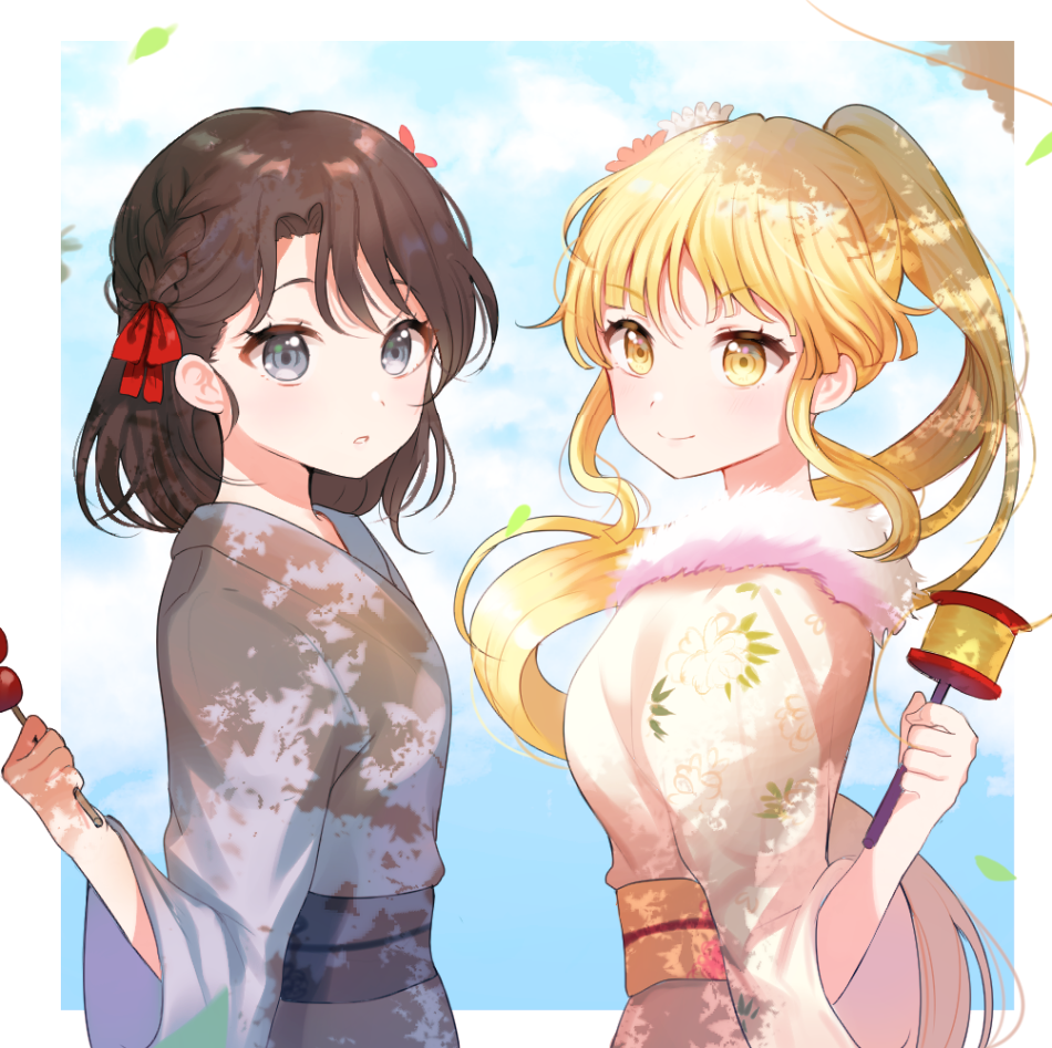 2girls bang_dream! blonde_hair bow braid brown_hair dango flower food grey_eyes grey_kimono hair_bow hair_flower hair_ornament holding holding_food japanese_clothes kimono long_hair looking_at_viewer medium_hair multiple_girls okusawa_misaki ponytail red_bow side_braid tokkyu tsurumaki_kokoro wagashi white_kimono yellow_eyes