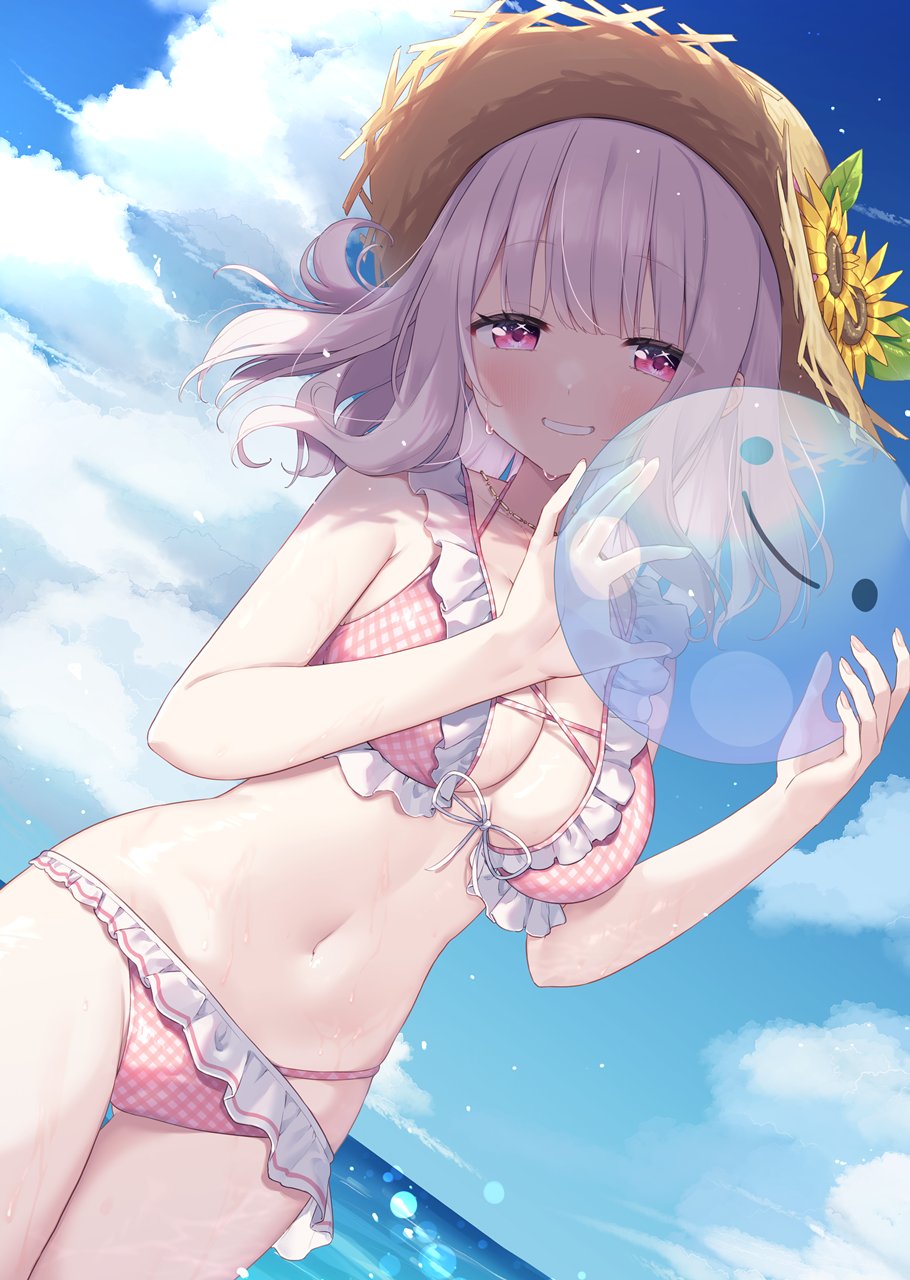 1girl ball beachball bikini breasts cleavage flower frilled_bikini frills hat hat_flower highres ksk_(semicha_keisuke) medium_hair navel nijisanji ocean pink_bikini pink_eyes pink_hair shiina_yuika smile straw_hat swimsuit virtual_youtuber wet