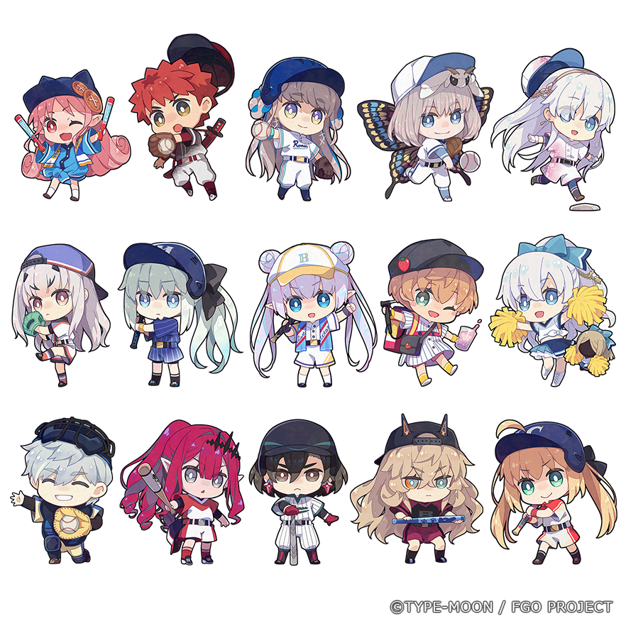 4boys 6+girls anastasia_(fate) april_fools artoria_caster_(fate) artoria_pendragon_(fate) baseball baseball_bat baseball_cap baseball_mitt baseball_uniform black_hair blonde_hair blue_eyes bright_pupils cheering cheerleader chibi constantine_xi_(fate) emiya_shirou everyone fairy_knight_gawain_(fate) fairy_knight_lancelot_(fate) fairy_knight_tristan_(fate) fate/grand_order fate_(series) gareth_(fate) gawain_(fate) green_eyes grey_eyes habetrot_(fate) hat holding holding_baseball_bat lady_avalon_(fate) logo merlin_(fate/prototype) multiple_boys multiple_girls oberon_(fate) playing_sports pointy_ears pom_pom_(cheerleading) red_hair saipaco senji_muramasa_(fate) smile sportswear standing white_background white_hair white_pupils