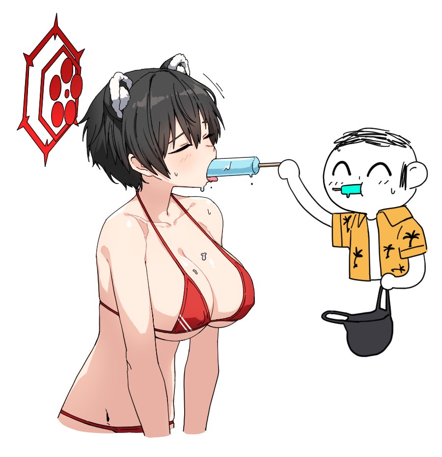 1boy 1girl animal_ears arona's_sensei_doodle_(blue_archive) artpatient bare_arms bare_shoulders black_hair blue_archive blush breasts cleavage collarbone food hair_between_eyes halo large_breasts open_mouth popsicle red_halo sensei_(blue_archive) sexually_suggestive short_hair simple_background tongue tongue_out tsubaki_(blue_archive) white_background