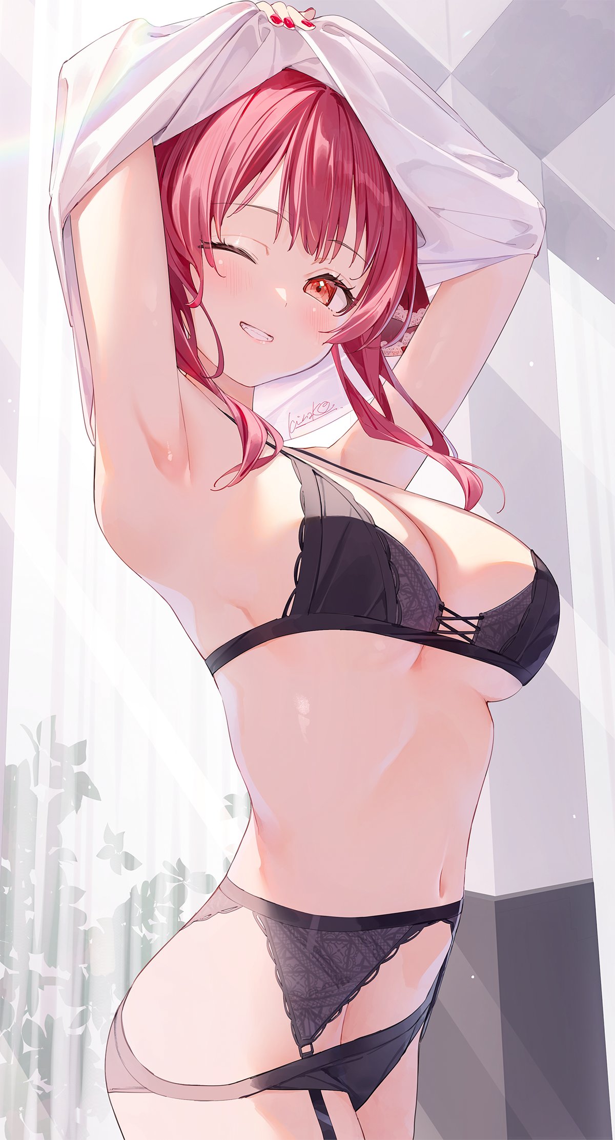 1girl armpits arms_up bare_shoulders black_bra black_panties blush bra breasts clothes_lift garter_belt highres hololive houshou_marine kinako_(shiratama_mochi) lace-trimmed_bra lace_trim large_breasts lingerie looking_at_viewer medium_hair midriff navel one_eye_closed panties red_eyes red_hair shirt_lift smile solo twintails underwear undressing virtual_youtuber