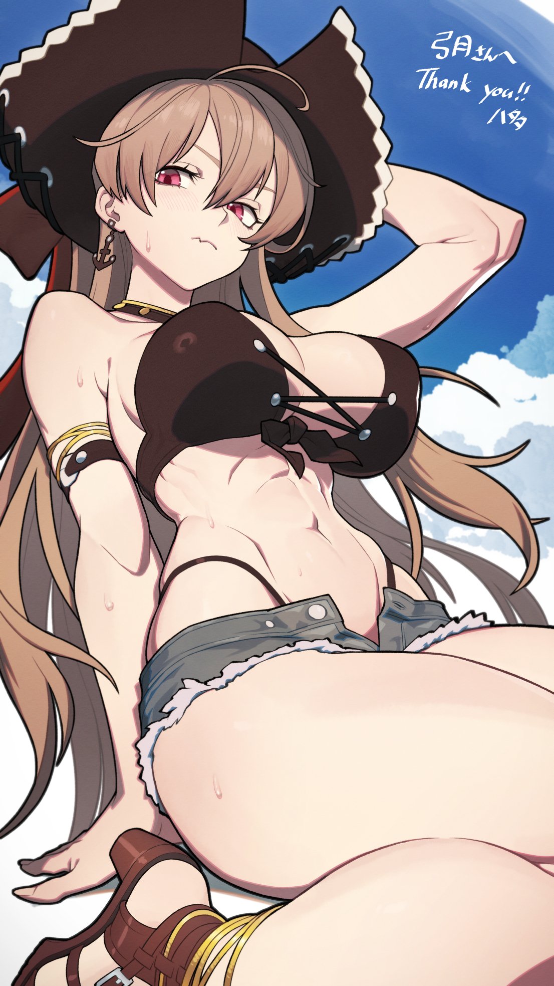 1girl abs anchor_earrings arm_up azur_lane bikini blue_sky breasts brown_bikini brown_hair brown_headwear closed_mouth cloud commission cross-laced_bikini cross-laced_clothes cutoff_jeans cutoffs earrings from_below gladiator_sandals hair_between_eyes hand_rest hat hata4564 highleg highleg_bikini highres jean_bart_(azur_lane) jean_bart_(private_apres_midi)_(azur_lane) jewelry large_breasts light_blush long_hair looking_at_viewer micro_shorts navel official_alternate_costume open_clothes open_shorts pirate_hat red_eyes sandals shorts sitting skeb_commission sky solo swimsuit thighs