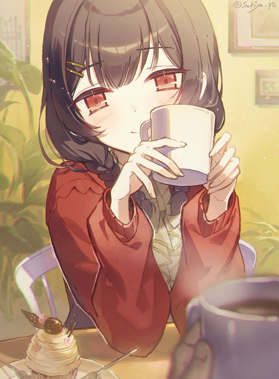 1girl 1other black_hair blush braid cardigan coffee cup highres holding holding_cup idolmaster idolmaster_shiny_colors indoors long_sleeves looking_at_viewer morino_rinze pov pov_hands red_cardigan red_eyes smile solo_focus soriya steam twin_braids