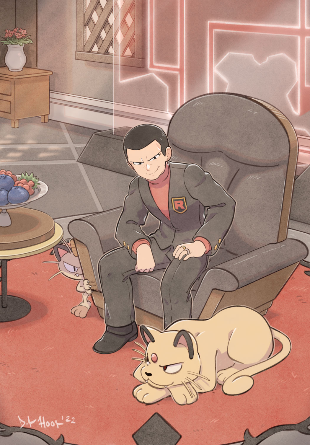 1boy armchair berry_(pokemon) black_hair chair closed_mouth dukehooverart evolutionary_line flower flower_pot giovanni_(pokemon) hand_on_own_thigh highres indoors jacket jewelry logo looking_down male_focus meowth oran_berry pants persian pokemon pokemon_(creature) pokemon_(game) pokemon_lgpe ring rug shirt shoes short_hair sitting smile table team_rocket team_rocket_uniform