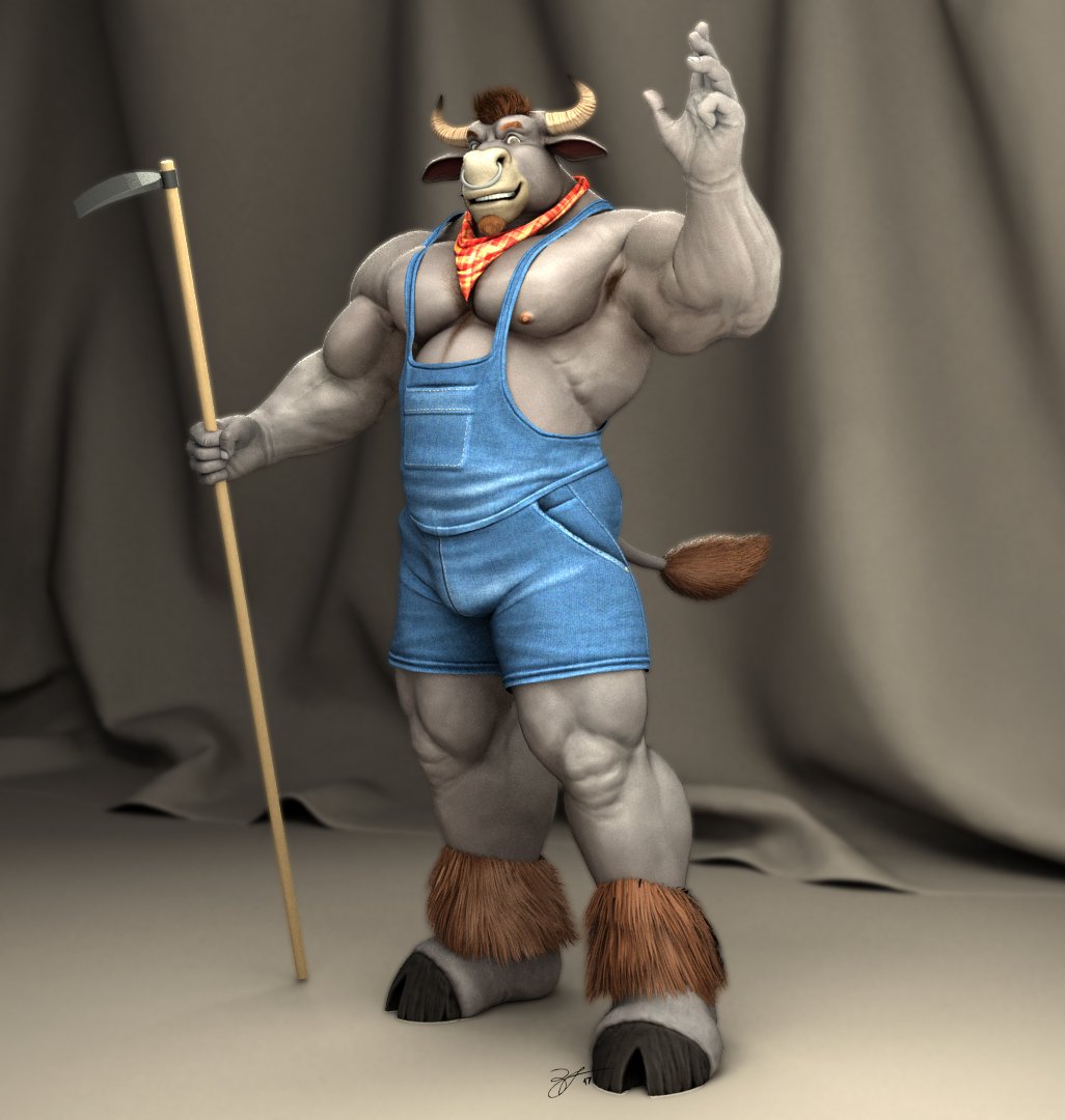 2017 ankle_tuft anthro barefoot biceps body_hair bovid bovine braford brown_hair cattle chest_hair clothing curtains facial_piercing feet fur gesture grey_body grey_fur hair happy_trail hoe holding_object hooves horn jack_(braford) leg_tuft looking_at_viewer male mammal musclegut muscular muscular_anthro muscular_male nipples nose_piercing nose_ring obliques overalls pecs piercing plantigrade pose ring_piercing scarf shirtless signature solo standing tail tail_tuft tools tuft waving waving_at_viewer