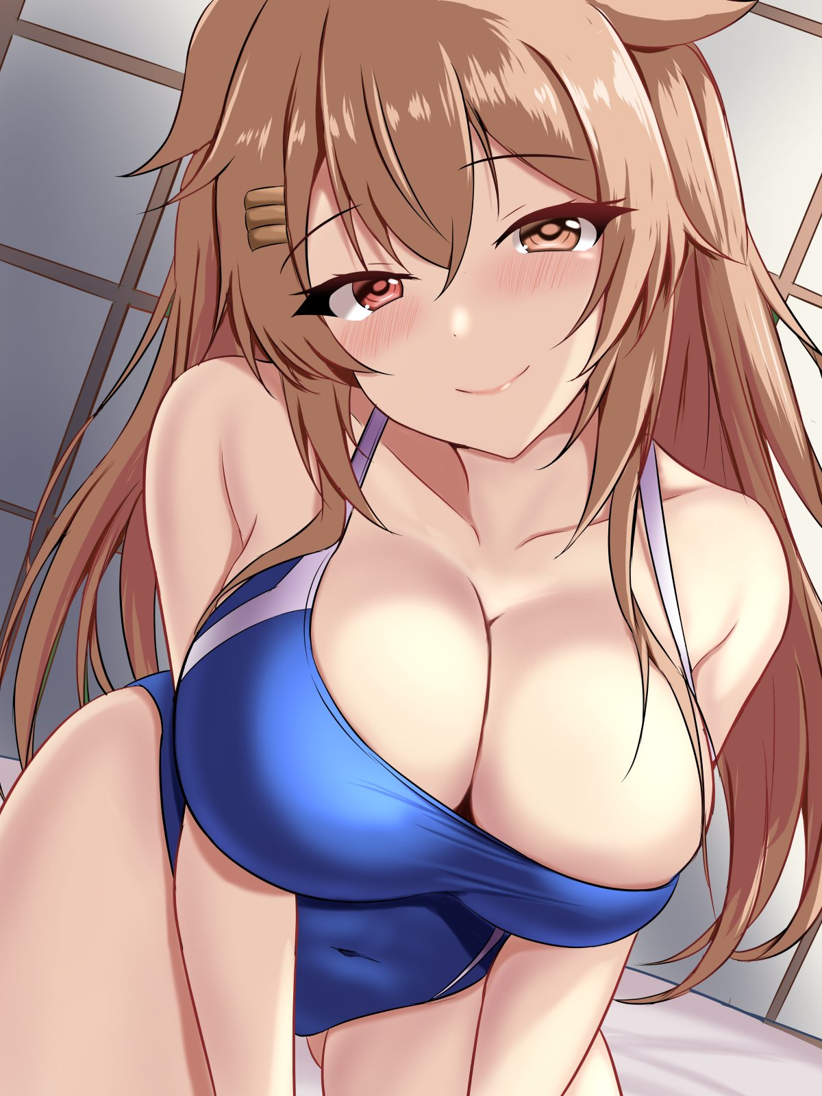 1girl blue_one-piece_swimsuit blush breasts brown_eyes cleavage competition_swimsuit hair_flaps hair_ornament hair_ribbon hairclip highleg highleg_swimsuit highres impossible_clothes impossible_swimsuit indoors kantai_collection large_breasts light_brown_hair long_hair looking_at_viewer montemasa multicolored_clothes multicolored_swimsuit murasame_(kancolle) murasame_kai_ni_(kancolle) on_bed one-piece_swimsuit red_eyes ribbon smile solo swimsuit two-tone_swimsuit two_side_up