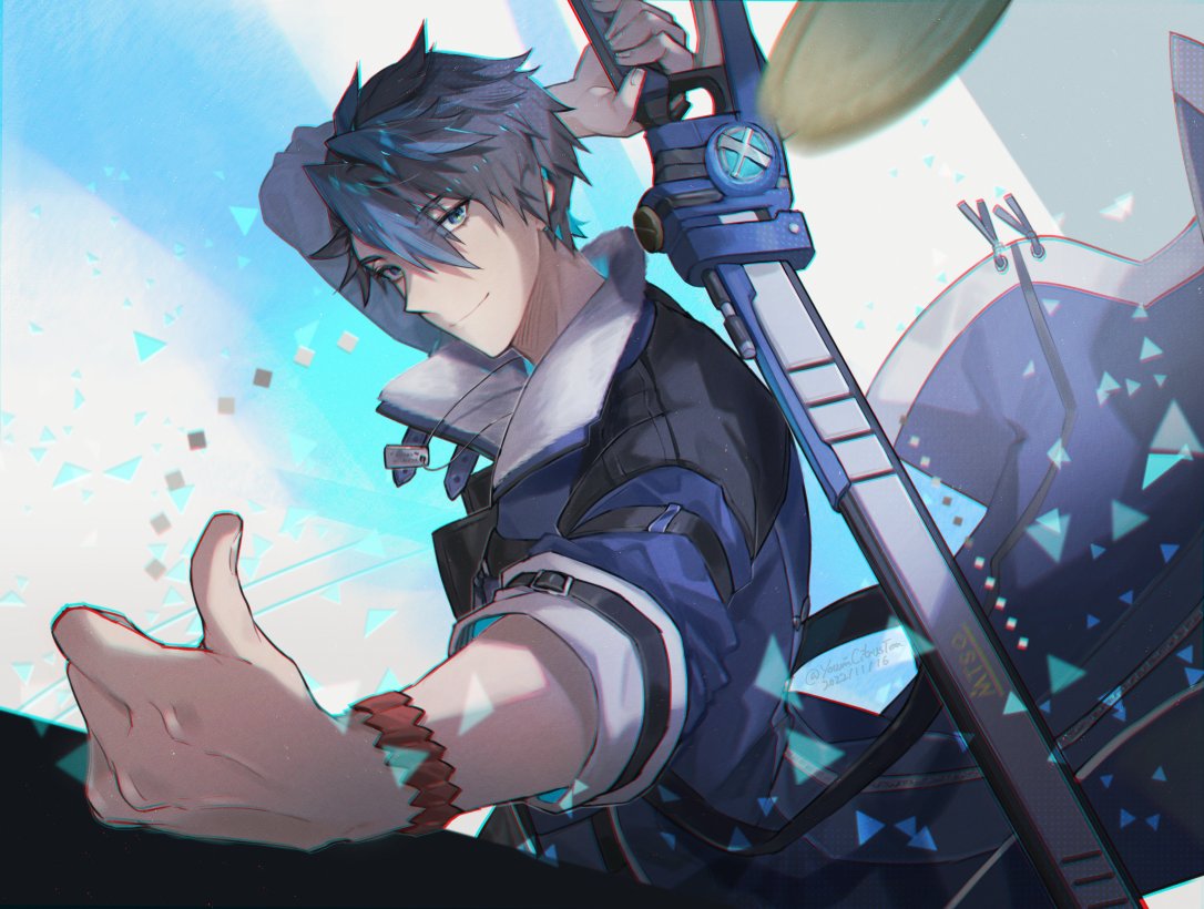 1boy artist_name blue_eyes blue_hair blue_jacket bracelet coin coin_flip commentary_request eiyuu_densetsu hair_between_eyes holding holding_sword holding_weapon jacket jewelry kuro_no_kiseki looking_at_viewer short_hair smile solo swept_bangs sword van_arkride weapon youmicitrustea