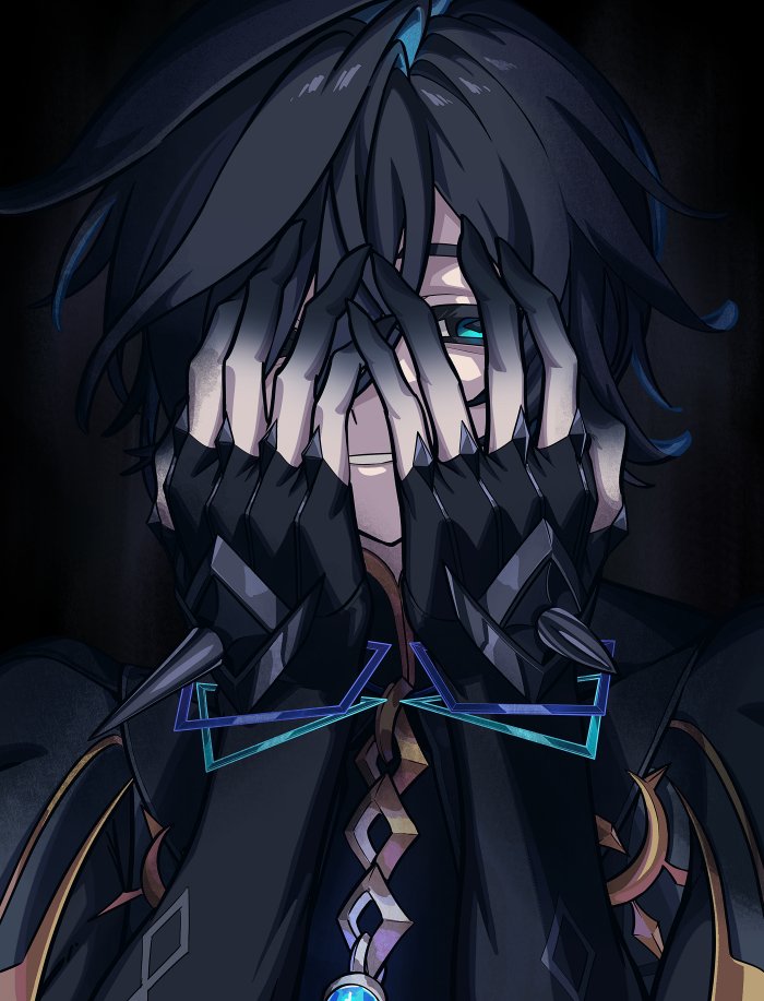 1boy ainchase_ishmael angellyuna bigott_(elsword) black_gloves black_hair blue_gemstone covering_face elsword fingerless_gloves gem gloves gold_trim gradient_skin hands_up looking_at_viewer parted_lips smile solo upper_body