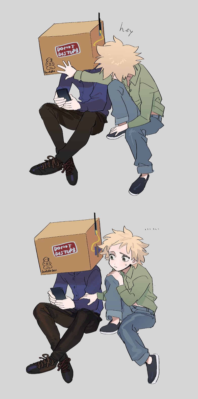 ... 2boys animification blonde_hair box box_on_head cellphone collared_shirt craig_tucker green_shirt grey_background hand_on_another's_arm highres holding holding_phone male_child male_focus multiple_boys pants phone s90jiiqo2xf0fk5 shirt shoelaces shoes smartphone south_park tweek_tweak