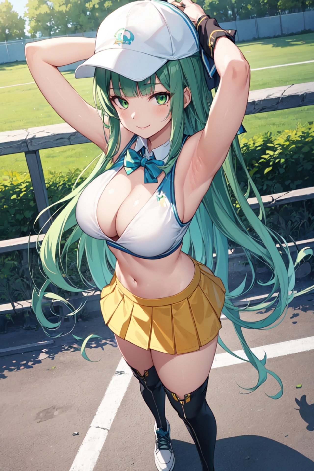 1girl arm_behind_head armpits arms_up bad_source bare_shoulders blunt_bangs boots bow bowtie breasts cleavage crop_top crop_top_overhang detached_collar evertale golf green_eyes green_hair hat highres medium_breasts merlin_(evertale) miniskirt mole mole_under_eye navel outdoors shoes skirt smile sportswear zeethienix