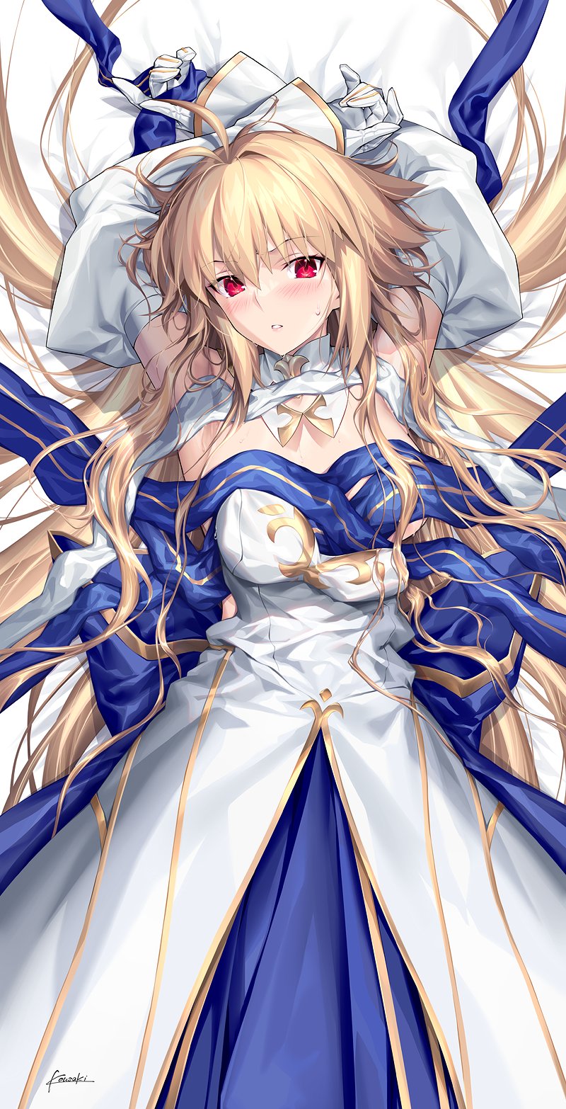 1girl archetype_earth arcueid_brunestud armpits arms_up bare_shoulders blonde_hair blue_skirt blush breasts cleavage detached_collar detached_sleeves dress fate/grand_order fate_(series) gloves highres kousaki_rui large_breasts layered_skirt long_hair long_skirt looking_at_viewer lying on_back parted_lips red_eyes sash skirt solo tsukihime very_long_hair white_dress white_gloves