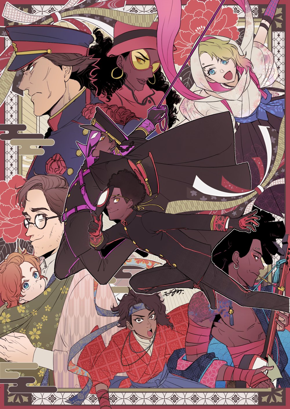 6+boys adapted_costume dark-skinned_female dark-skinned_male dark_skin dreadlocks earrings eyebrow_piercing father_and_daughter gloves gwen_stacy hat headband highres hobie_brown instrument japanese_clothes jessica_drew_(spider-man:_across_the_spider-verse) jewelry kimono marvel mask mayday_parker miguel_o'hara miles_morales mozu_suka multiple_boys necklace pavitr_prabhakar peaked_cap peter_b_parker piercing prowler_(marvel) serious shamisen spider-man:_across_the_spider-verse spider-man_(series) spider-verse sunglasses