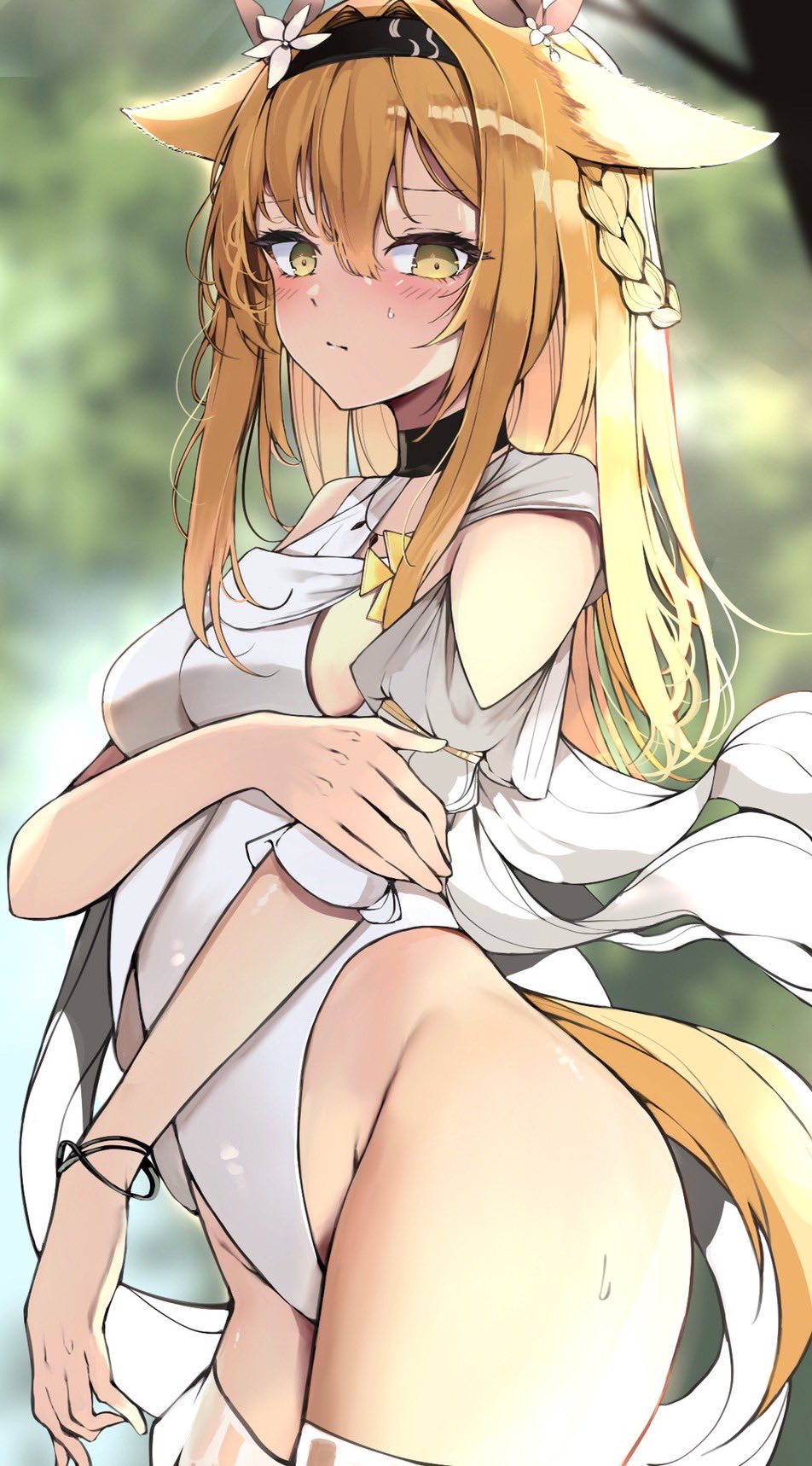 1girl animal_ears arknights arm_grab black_hairband blonde_hair blurry blurry_background blush braid breasts closed_mouth commentary_request depth_of_field flower hair_intakes hairband hand_up highres horn_(arknights) kyuu_(plastic_night_q) leotard long_hair looking_at_viewer medium_breasts puffy_short_sleeves puffy_sleeves short_sleeves solo sweat tail white_flower white_leotard yellow_eyes