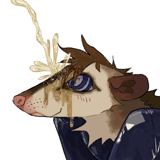 american_opossum anthro bodily_fluids clothing genital_fluids guncht male mammal marsupial peeing_on_face rubber rubber_clothing rubber_suit smile solo telegram_sticker urine urine_on_face watersports