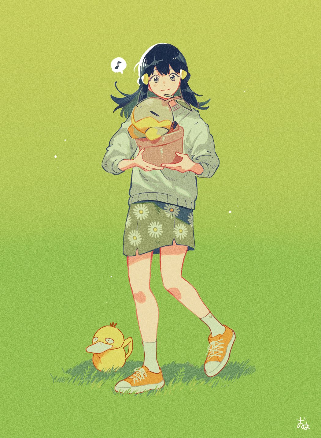 1girl alternate_costume black_hair closed_mouth commentary_request dawn_(pokemon) eyelashes floral_print flower_pot full_body grass green_background green_skirt grey_eyes grey_sweater hair_ornament hairclip highres holding holding_flower_pot long_hair musical_note omyo_(myomyomyo22) orange_footwear pokemon pokemon_(creature) pokemon_dppt psyduck shoes sidelocks signature skirt sleeves_past_elbows smile socks spoken_musical_note standing sweater turtwig
