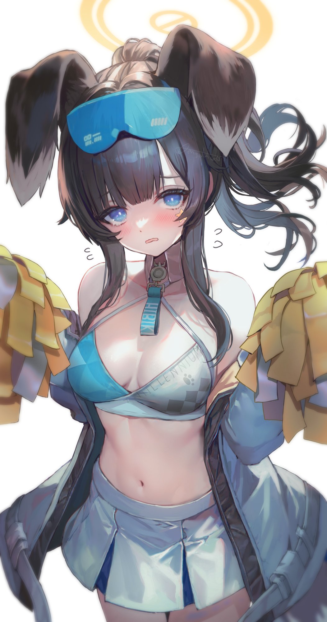 1girl animal_ears black_hair blue_archive blue_eyes blush breasts bright_pupils cheerleader choker cleavage crop_top detached_collar dog_ears dog_girl dog_tail extra_ears eyewear_on_head flying_sweatdrops frown halo halter_shirt halterneck hanato_(seonoaiko) hibiki_(blue_archive) hibiki_(cheer_squad)_(blue_archive) highres holding holding_pom_poms long_hair looking_at_viewer medium_breasts midriff navel o-ring o-ring_choker official_alternate_costume pleated_skirt pom_pom_(cheerleading) ponytail sidelocks simple_background skirt solo star_(symbol) sticker_on_face stomach sweat tail white_background white_pupils white_skirt yellow_halo