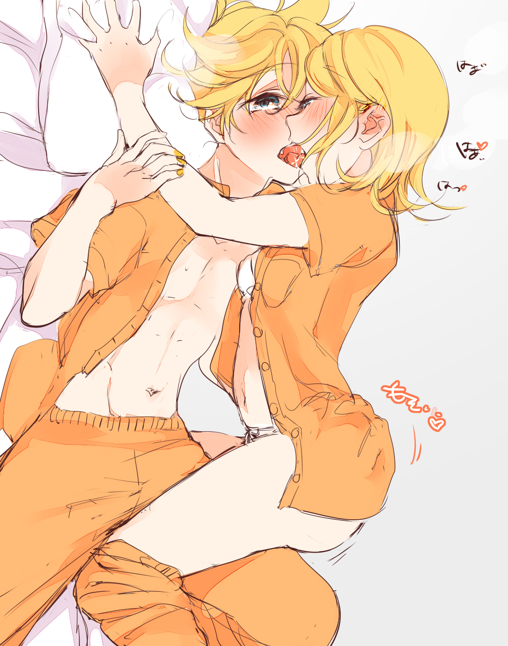 1boy 1girl abs ass_grab assertive_female bed_sheet blonde_hair blue_eyes blush bra clothes_pull eye_contact french_kiss girl_on_top half-closed_eyes hand_on_another's_ass highres implied_ass_grab kagamine_len kagamine_rin kiss looking_at_another lying midriff_peek mimi_mine navel on_back on_bed open_clothes open_pajamas open_shirt orange_pajamas orange_pants pajamas pants pants_pull partially_undressed pillow toned toned_male tongue tongue_out unbuttoned underwear vocaloid white_bra yellow_nails