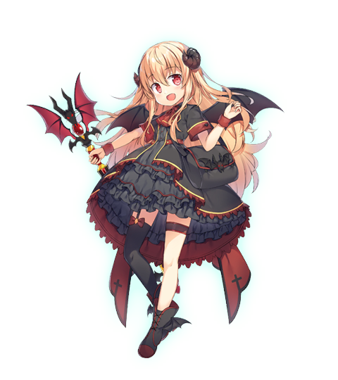 1girl bat_wings black_dress black_footwear black_thighhighs blonde_hair dress flat_chest game_cg holding holding_weapon knees little_witch_nobeta long_hair multicolored_clothes multicolored_dress multicolored_footwear nobeta non-web_source official_art open_mouth red_eyes red_footwear shoes short_sleeves simple_background solo thighhighs transparent_background weapon wings