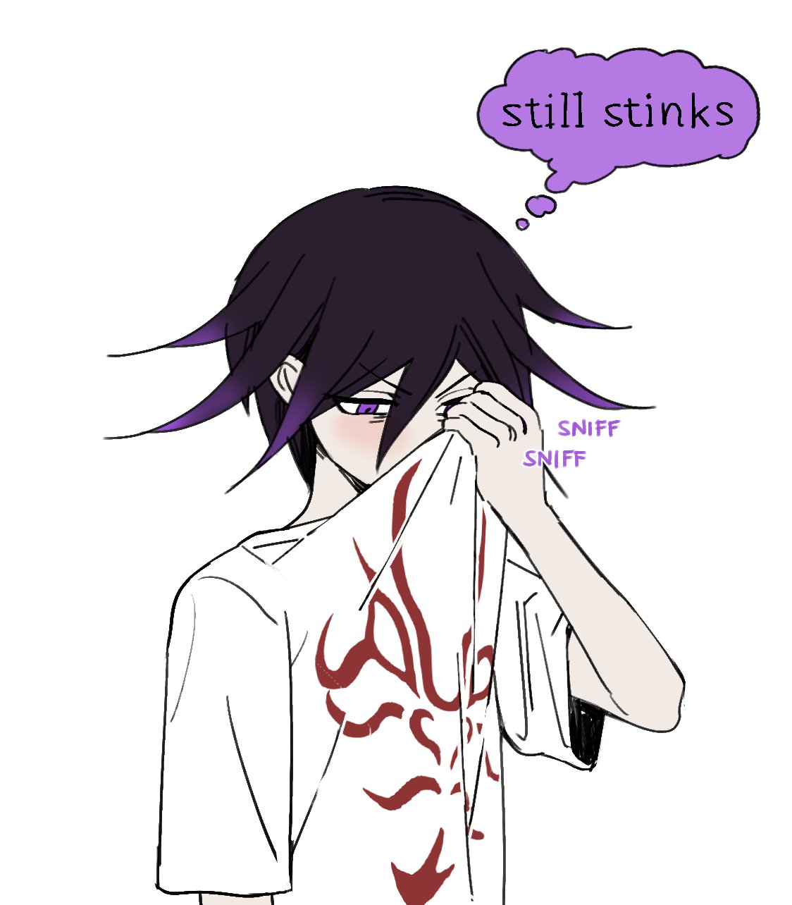 1boy black_hair borrowed_clothes clothes_lift danganronpa_(series) danganronpa_v3:_killing_harmony hand_up highres looking_down male_focus miri_(bossu_osu) multicolored_hair ouma_kokichi pale_skin pink_eyes purple_hair shirt_lift short_sleeves simple_background solo spiked_hair thought_bubble two-tone_hair white_background