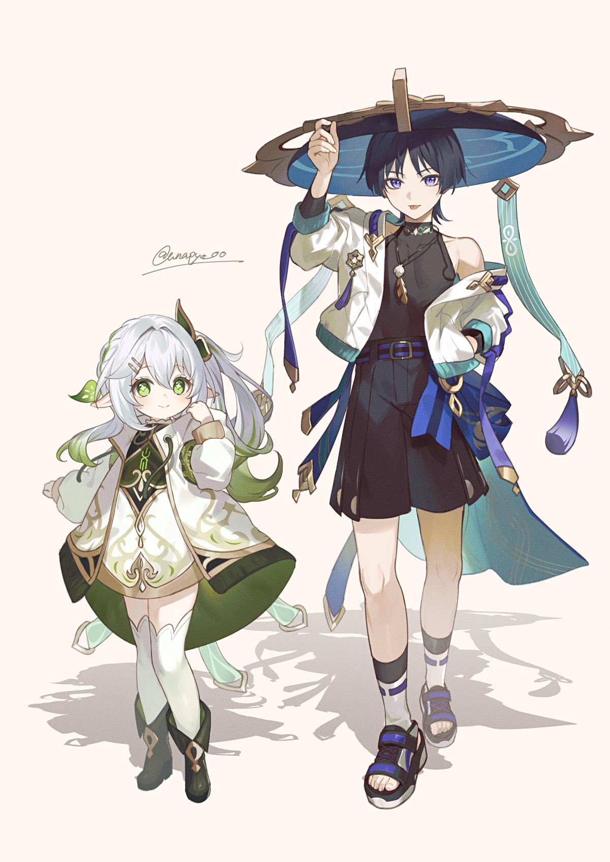 1boy 1girl black_hair boots dress full_body genshin_impact green_eyes green_hair grey_background hair_ornament hairclip hat highres jacket japanese_clothes jewelry jingasa long_hair long_sleeves looking_at_viewer nahida_(genshin_impact) necklace off_shoulder ponytail purple_eyes sandals scaramouche_(genshin_impact) shadow side_ponytail simple_background socks standing thighhighs tongue tongue_out twitter_username unapoppo wanderer_(genshin_impact) white_dress white_hair white_thighhighs