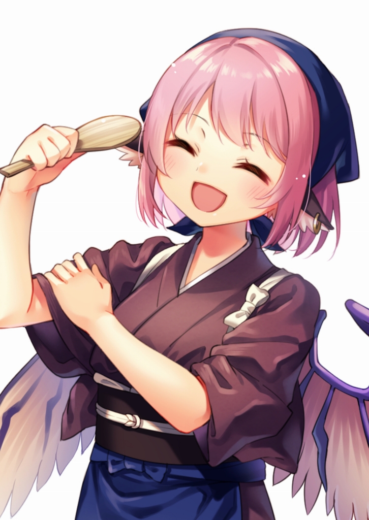 1girl animal_ears bird_ears bird_wings blue_headwear blush brown_kimono head_scarf holding japanese_clothes kapuchii kimono mystia_lorelei obi okamisty open_mouth pink_hair pink_wings sash short_hair simple_background smile solo touhou upper_body white_background wings