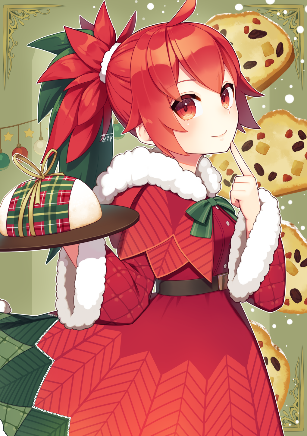 1girl aona_(noraneko) belt black_belt bow bowtie capelet christmas christmas_lights cowboy_shot double-parted_bangs dress finger_to_own_chin flower flower-shaped_hair food-themed_background fur-trimmed_capelet fur-trimmed_dress fur-trimmed_sleeves fur_trim green_background green_bow green_bowtie green_hair highres holding holding_plate looking_at_viewer multicolored_hair original personification plate poinsettia ponytail red_capelet red_eyes red_hair smile solo stollen two-tone_hair