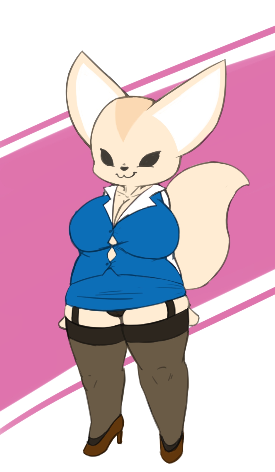 :3 aggretsuko anthro big_breasts breasts canid canine cleavage clothed clothing female fennec fenneko footwear fox garter_straps hi_res high_heels huge_breasts legwear mammal panties sanrio smile solo thigh_highs underwear vono