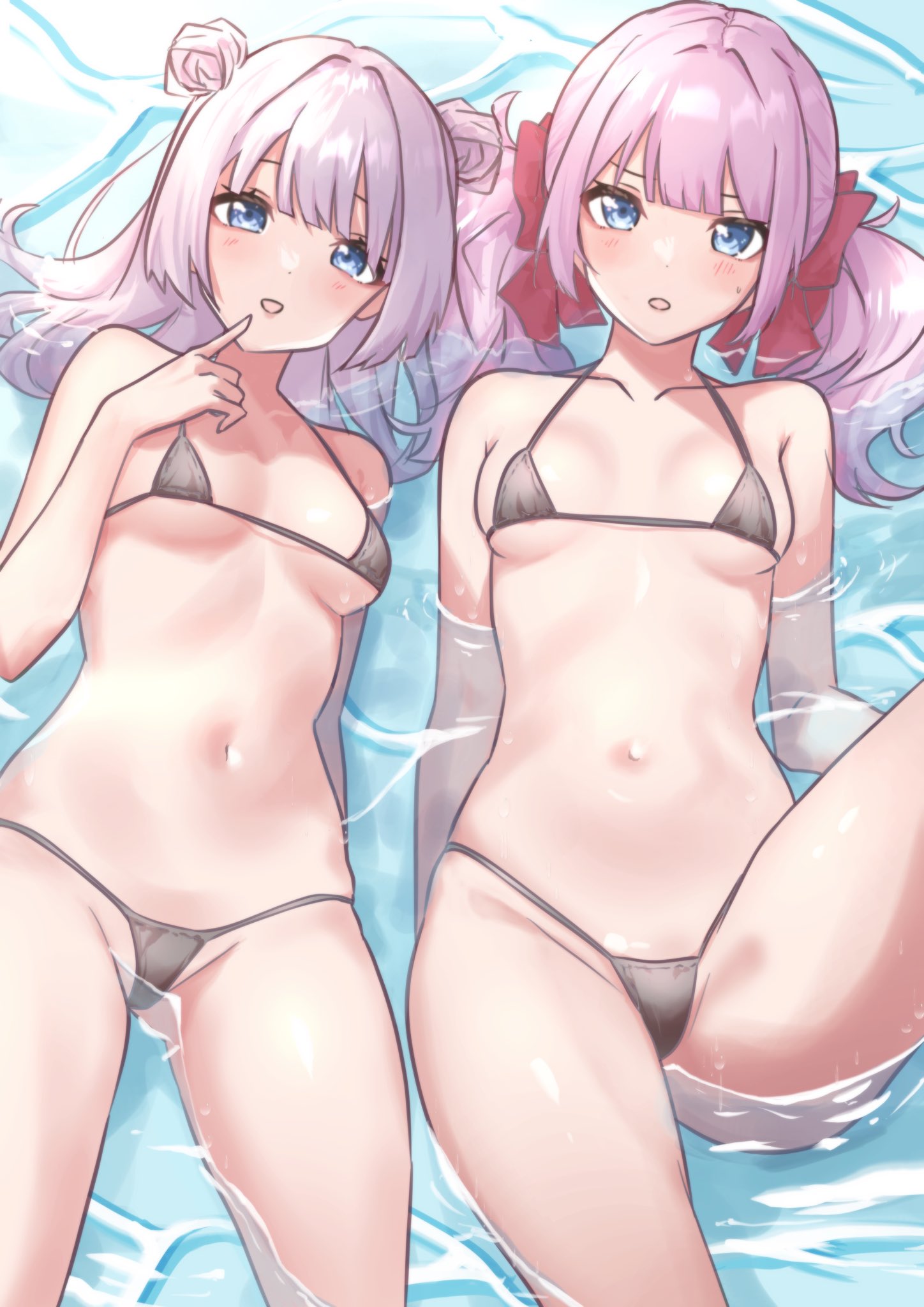 2girls arm_at_side assault_lily bare_arms bare_shoulders bikini black_bikini blue_eyes blunt_bangs blush bow breasts collarbone commentary_request cowboy_shot day double_bun finger_to_own_chin groin hair_bow hair_bun halterneck hand_up highres houji_tea_latte long_hair looking_at_viewer lying micro_bikini multiple_girls navel on_back outdoors parted_lips partially_submerged pink_hair red_bow sadamori_himeka shallow_water side-by-side small_breasts smile stomach string_bikini swimsuit tanba_akari twintails water