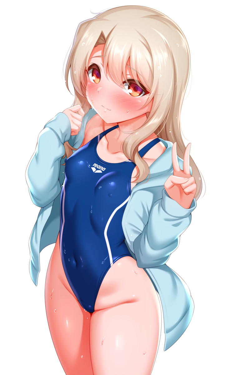 1girl bare_shoulders blonde_hair blue_jacket blue_one-piece_swimsuit blush breasts collarbone competition_swimsuit covered_navel fate/kaleid_liner_prisma_illya fate_(series) hair_between_eyes highleg highleg_swimsuit highres illyasviel_von_einzbern jacket long_hair long_sleeves looking_at_viewer off_shoulder one-piece_swimsuit open_clothes open_jacket red_eyes sidelocks small_breasts smile solo swimsuit thighs v wet zirba