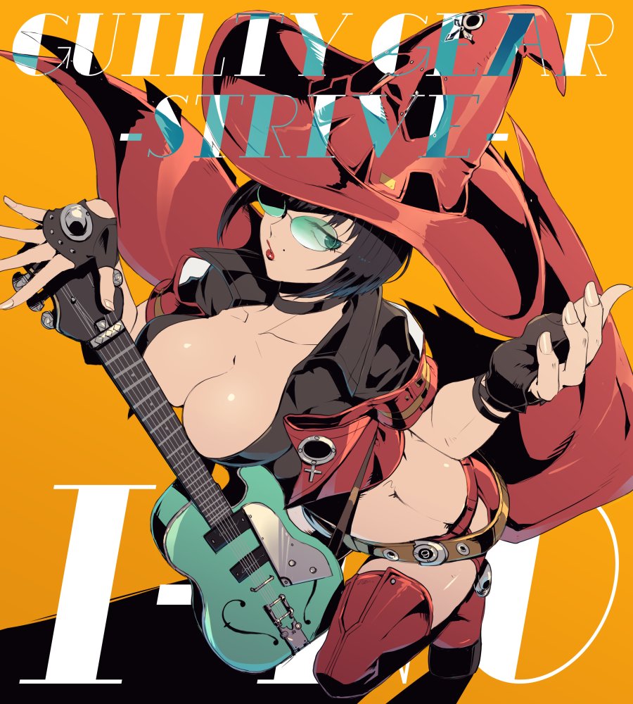 1girl black_gloves black_hair boots breasts cleavage electric_guitar fingerless_gloves gloves green-tinted_eyewear guilty_gear guilty_gear_strive guitar hat i-no instrument large_breasts looking_at_viewer mole mole_above_mouth red_footwear red_headwear red_leather red_lips short_hair sunglasses thigh_boots tinted_eyewear tometo_pot venus_symbol witch_hat