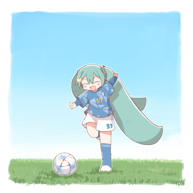 1girl 39 ball blue_hair blue_shirt blue_sky blue_socks blush_stickers border cat_hair_ornament closed_eyes commentary_request facing_viewer field full_body hair_ornament hatsune_miku kicking layered_sleeves long_hair long_sleeves open_mouth outdoors outline outstretched_arms shirt short_over_long_sleeves short_sleeves shorts sky smile soccer soccer_ball soccer_uniform socks solo sportswear spread_arms standing standing_on_one_leg t705gp twintails v-shaped_eyebrows very_long_hair vocaloid white_border white_outline white_shorts