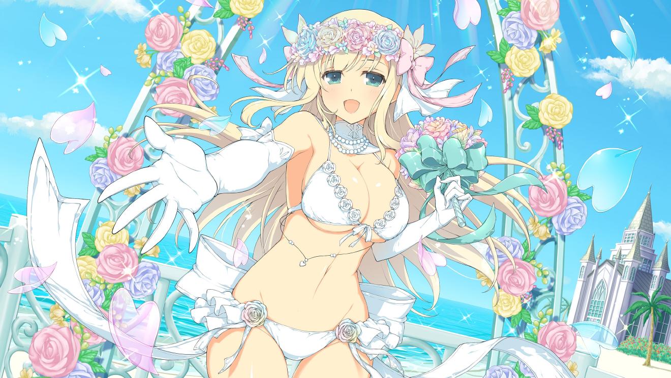 1girl aqua_eyes ass_visible_through_thighs beach blonde_hair blue_flower blue_rose blue_sky blush bouquet bow bra breasts bridal_lingerie bride church cleavage cloud cowboy_shot day elbow_gloves falling_petals flower gloves groin hair_bow hair_flower hair_ornament holding holding_bouquet jewelry large_breasts linea_alba lingerie long_hair looking_at_viewer multicolored_flower multicolored_rose navel necklace ocean official_alternate_costume official_art open_mouth palm_tree panties pearl_necklace petals pink_bow pink_flower pink_rose reaching reaching_towards_viewer red_flower ribbon rose senran_kagura senran_kagura_burst senran_kagura_new_link senran_kagura_shoujo-tachi_no_shin'ei sky smile solo stairs steeple stomach tree underboob underwear underwear_only upper_body water white_bra white_gloves white_panties white_ribbon window yellow_flower yellow_rose yomi_(senran_kagura)