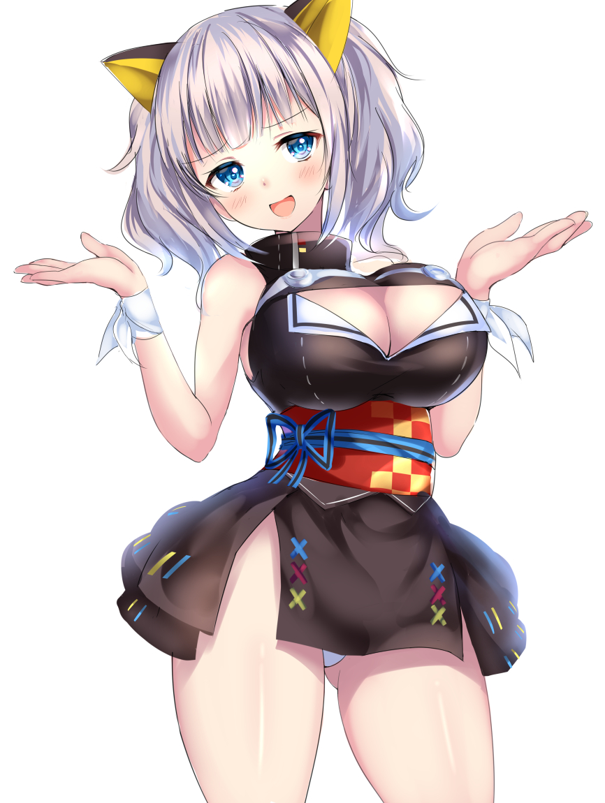 animal_ears black_skirt blue_eyes breasts fake_animal_ears hands_up huge_breasts kaguya_luna large_breasts miniskirt non-web_source shorts skirt virtual_youtuber white_background white_shorts