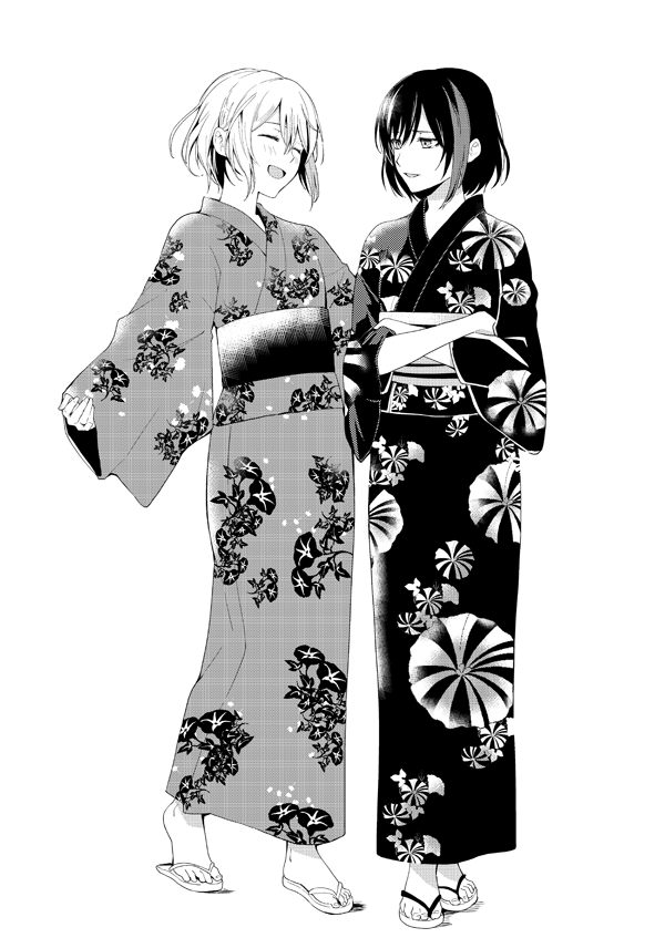 2girls aoba_moca bang_dream! blush closed_eyes commentary_request crossed_arms floral_print greyscale hair_between_eyes japanese_clothes kimono long_sleeves looking_at_another mitake_ran monochrome multiple_girls obi open_mouth sandals sash sen'yuu_yuuji short_hair simple_background toes white_background wide_sleeves yukata