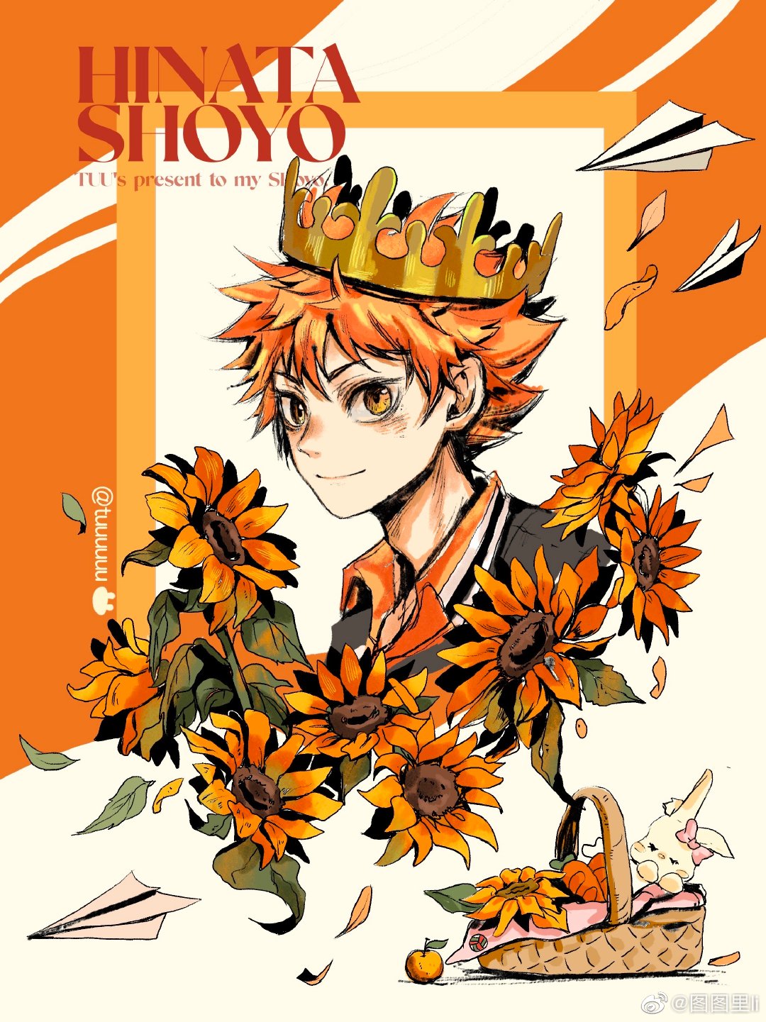 1boy animal_ears apple basket blue_shirt blush_stickers bow carrot character_name chinese_commentary closed_eyes closed_mouth collar collared_shirt commentary_request crown english_text eyelashes floppy_ears flower food fruit gold_headwear haikyuu!! hair_bow highres hinata_shouyou leaf looking_at_viewer male_focus no_mouth orange_background orange_collar orange_hair paper_airplane petals pink_bow rabbit rabbit_ears shirt short_hair smile solo spiked_hair sunflower tuuuuuututu twitter_username two-tone_background upper_body weibo_logo weibo_username white_background yellow_eyes yellow_flower