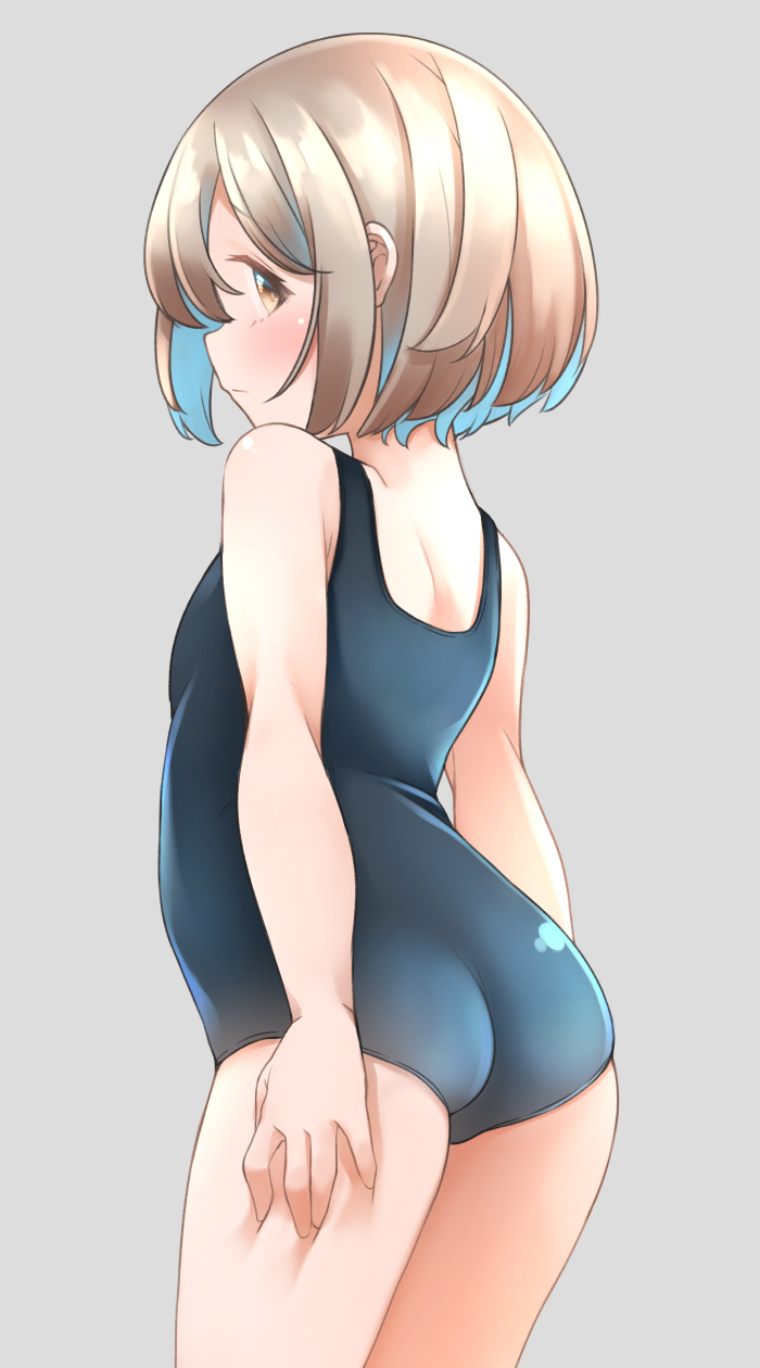 1girl ass bare_arms bare_shoulders black_one-piece_swimsuit blue_hair brown_eyes brown_hair comah from_behind grey_background hair_over_one_eye highres looking_at_viewer looking_back multicolored_hair one-piece_swimsuit original simple_background solo swimsuit two-tone_hair