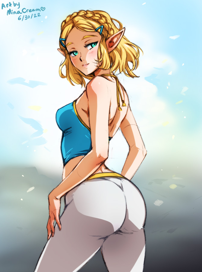 1girl artist_name ass back bare_shoulders bikini blonde_hair blue_sky blush braid breasts cloud cowboy_shot crown_braid day from_behind green_eyes grey_pants hair_ornament hand_on_own_leg light_smile looking_at_viewer looking_back medium_breasts medium_hair mina_cream outdoors pants pointy_ears princess_zelda short_hair shoulder_blades signature sky smile solo standing swimsuit the_legend_of_zelda thighs tight_clothes tight_pants