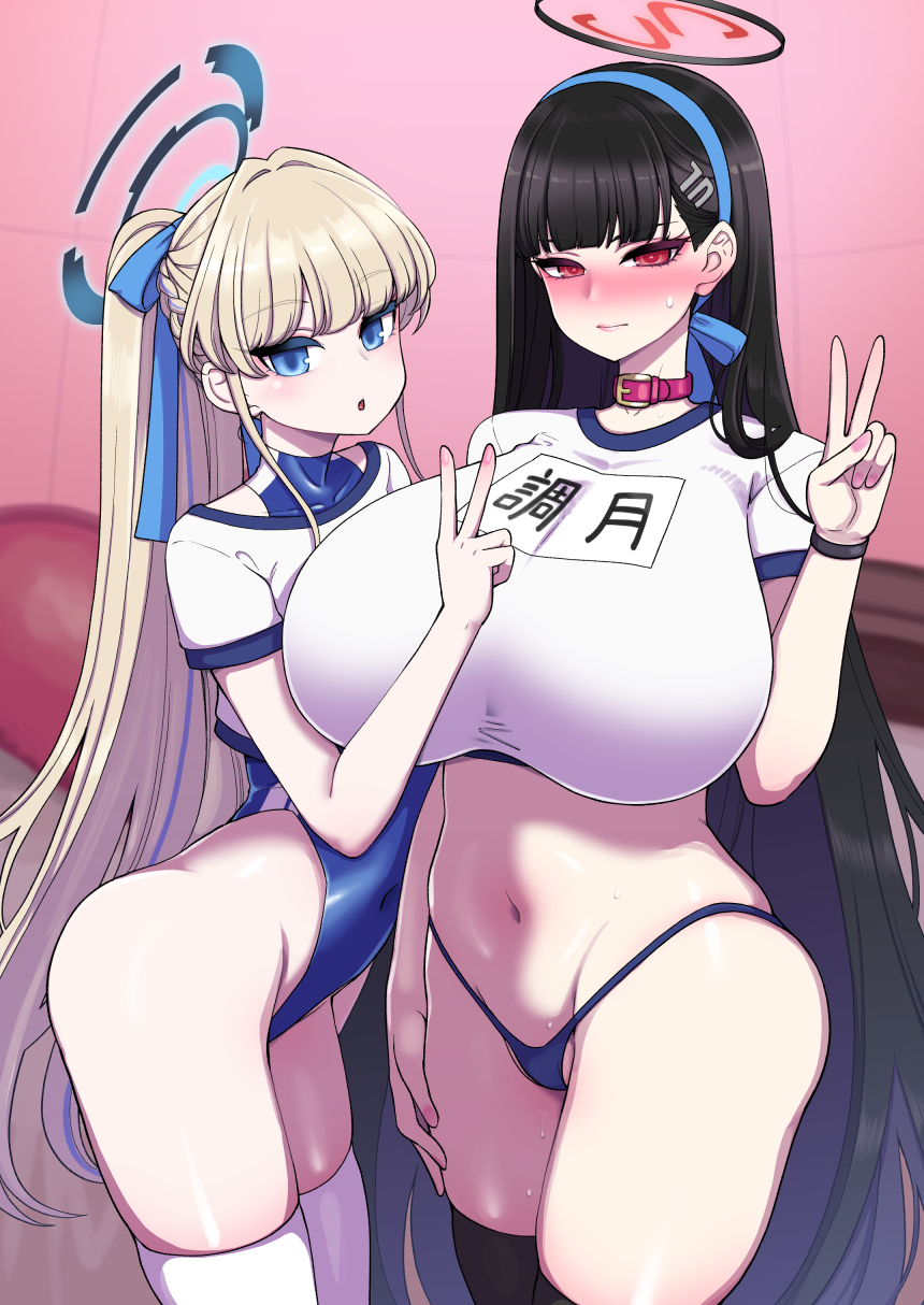 2girls ass black_hair blonde_hair blue_archive blue_eyes blue_hair blue_panties blush breasts collar covered_navel hair_ornament hairband hairclip halo hanauna highres large_breasts leotard long_hair looking_at_viewer multicolored_hair multiple_girls navel open_mouth panties ponytail red_eyes rio_(blue_archive) sweatdrop thighhighs toki_(blue_archive) two-tone_hair underwear v very_long_hair white_thighhighs