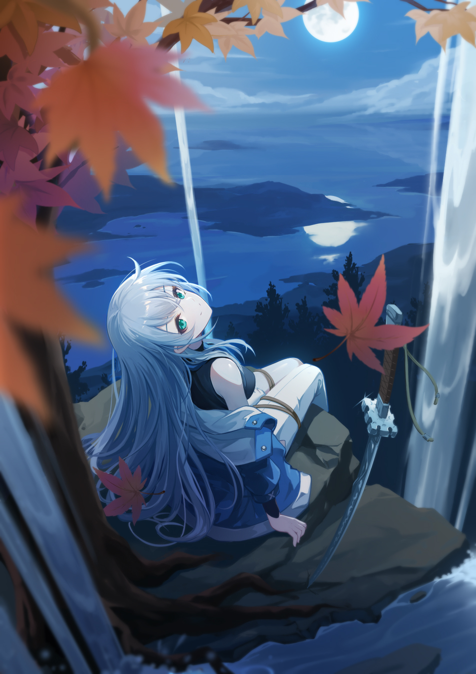 1girl cloud coat denim double-parted_bangs eiyuu_densetsu falling_leaves forest full_moon green_eyes hair_between_eyes hajimari_no_kiseki highres jeans katana lake lancefate leaf long_hair looking_at_viewer loose_clothes maple_leaf maple_tree moon nature night night_sky outdoors pants planted planted_sword reflection reflective_water shizuna_rem_misurugi sky solo sword tree water waterfall weapon white_hair