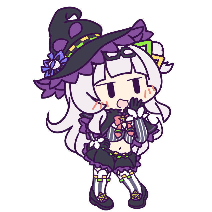 1girl :d black_capelet black_gloves black_headwear black_skirt blunt_bangs bow brooch capelet chibi cropped_shirt frilled_ribbon frills full_body gloves grey_hair hair_bun hand_up hat hexagram_hair_ornament hololive jewelry jitome long_hair looking_to_the_side midriff murasaki_shion navel official_art ojou-sama_pose open_mouth pinstripe_pattern pinstripe_shirt red_bow red_ribbon ribbon shirt single_side_bun skirt smile solo star_brooch striped striped_shirt transparent_background vertical-striped_shirt vertical_stripes virtual_youtuber witch_hat |_|
