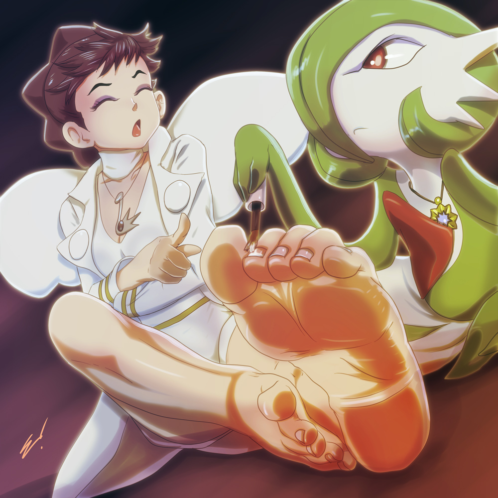 5_toes barefoot diantha_(pok&eacute;mon) duo feet female foot_focus gardevoir generation_3_pokemon human jewelry mammal mega_stone necklace nintendo not_furry painting_nails pokemon pokemon_(species) pokemon_champion scamwich soles toes