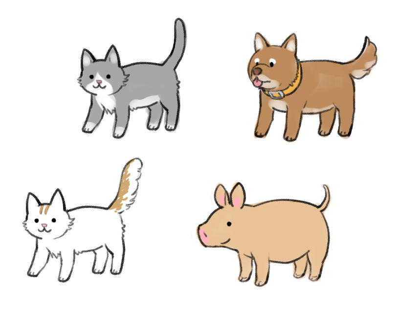 :3 animal_focus brown_fur cat commentary_request dog full_body grey_fur multiple_cats no_humans original oyari_ashito pig simple_background sketch smile tongue tongue_out two-tone_fur white_background white_fur yellow_collar