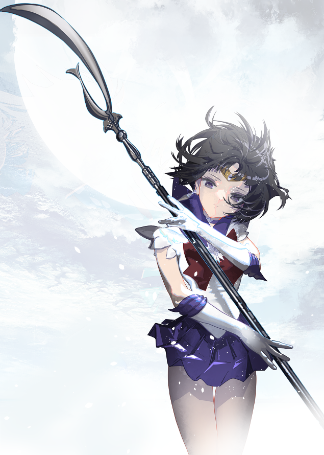 1girl bishoujo_senshi_sailor_moon black_hair bow brooch choker cofffee earrings elbow_gloves gloves holding jewelry magical_girl purple_eyes purple_sailor_collar purple_skirt sailor_collar sailor_saturn sailor_senshi_uniform short_hair skirt solo star_(symbol) star_choker tomoe_hotaru white_gloves