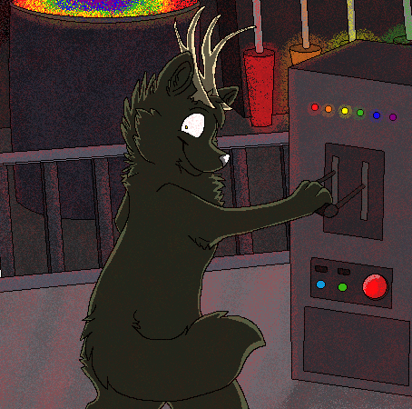 2012 aliasing ambiguous_gender anthro antlers bluekyokitty canid canine canis cel_shading detailed_background digital_drawing_(artwork) digital_media_(artwork) factory fur green_body green_fur grey_nose horn inside lever low_res machine mammal nude pulling_lever pupils sebdoggo semi-anthro shaded small_pupils smile solo standing tail wolf