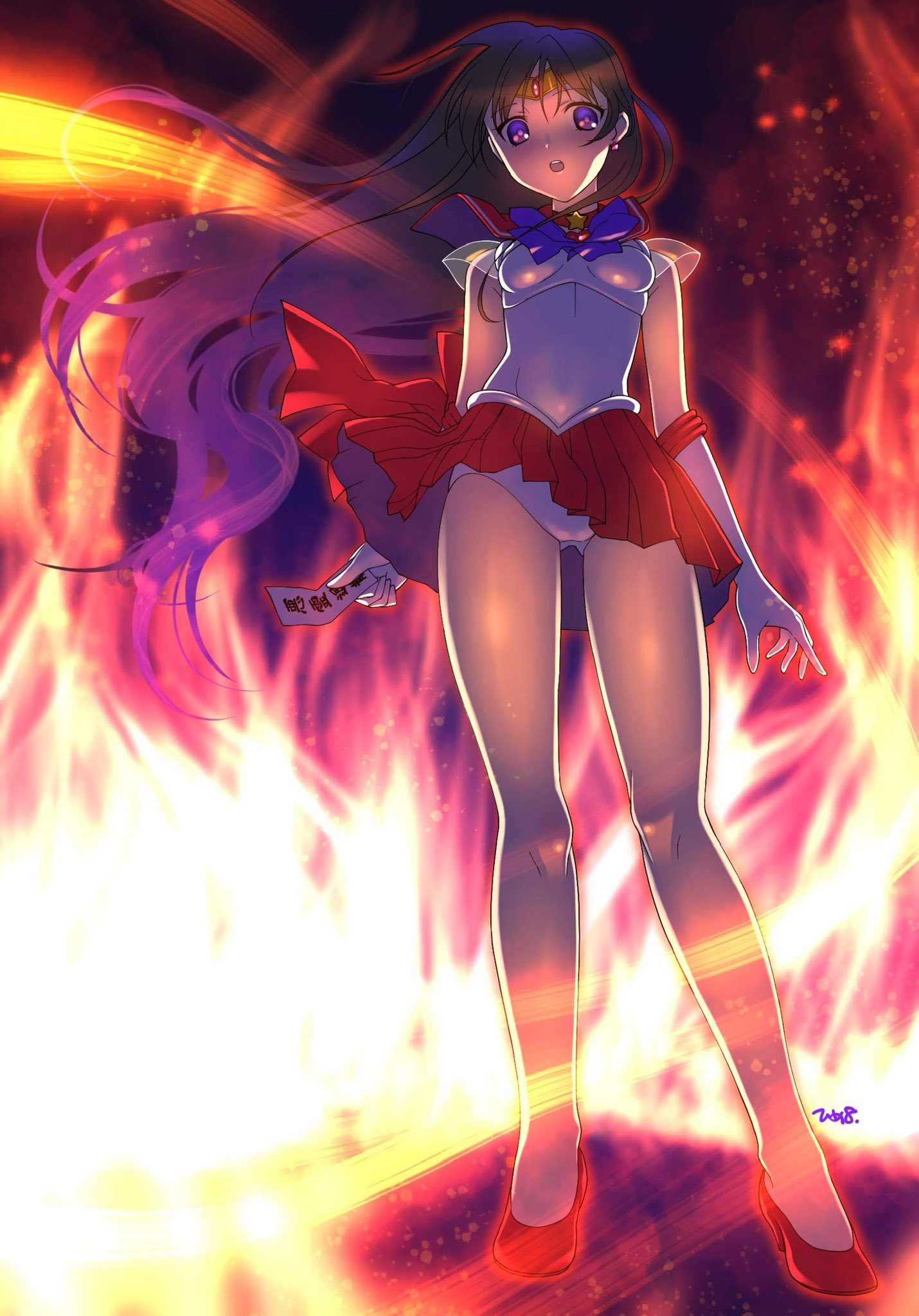 1girl bishoujo_senshi_sailor_moon bow choker circlet earrings elbow_gloves gloves highres himewachi hino_rei jewelry leotard leotard_peek long_hair miniskirt ofuda purple_bow red_choker red_footwear red_skirt sailor_mars skirt stud_earrings upskirt white_gloves white_leotard