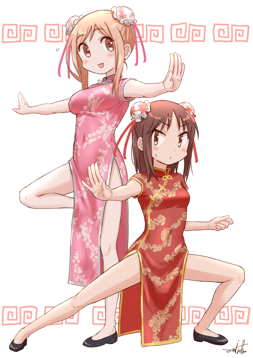 2girls :d aikawa_chiho bare_arms bare_legs black_footwear blush breasts brown_eyes brown_hair bun_cover china_dress chinese_clothes closed_mouth covered_navel double_bun dress flying_sweatdrops hair_bun highres light_brown_hair medium_breasts multiple_girls okano_kei outstretched_arms parted_bangs shoes simple_background small_breasts smile spread_arms standing standing_on_one_leg sweat umiroku white_background yuyushiki