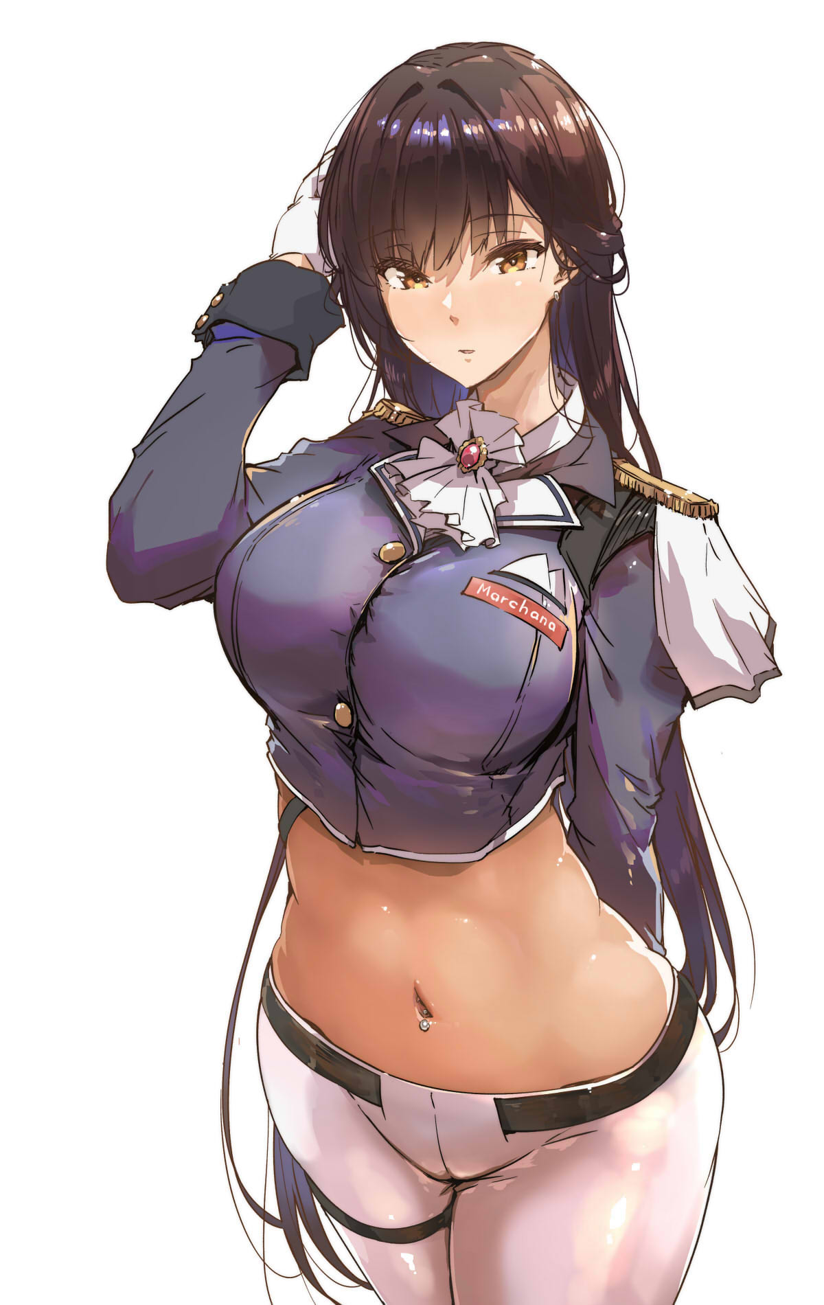 1girl arm_behind_back arm_up ascot breasts brown_eyes brown_hair cropped_jacket earrings epaulettes gloves goddess_of_victory:_nikke highres jewelry large_breasts long_hair looking_at_viewer marciana_(nikke) military_jacket military_uniform navel navel_piercing pants piercing solo stomach tight_clothes tight_pants tokiwa_midori_(kyokutou_funamushi) uniform very_long_hair white_ascot white_background white_gloves white_pants
